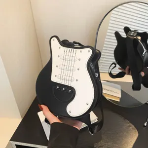 Black white guitar shape crossbody bag stylish unique music lover shoulder bag detail view