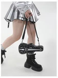 Y2K punk style black guitar shaped crossbody bag with metal studs, trendy women shoulder bag.