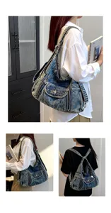 Y2K denim shoulder bag commuter biker backpack multi-pocket trendy stylish fashion tote bag