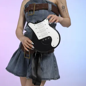Creative Guitar Shaped Women Crossbody Bag PU Leather Patchwork Contrast Color Shoulder Bag Street Trend Messenger Bag