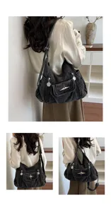 Y2K vintage washed denim shoulder tote bag with metal star decor and multi pockets for women