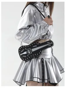 Y2K punk style guitar shaped crossbody bag detail showcasing metal rivets and unique design.