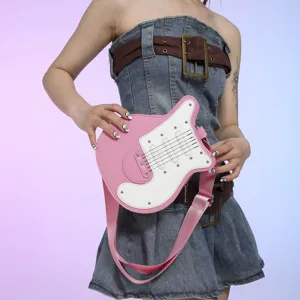 Unique pink guitar shaped crossbody bag, stylish color block PU leather shoulder bag for women.