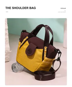 Nylon shoulder bag, contrast color grid pattern, lightweight tote commuting bag for women