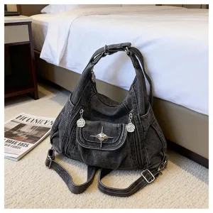 Y2K grunge denim multi-use shoulder bag chic retro casual commuter backpack handbag details