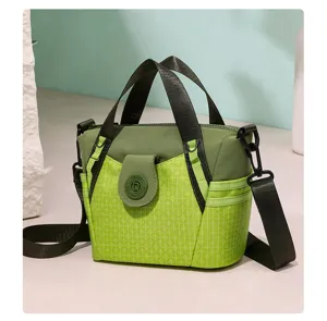 Green nylon crossbody shoulder bag for women, casual daily commute handbag with top handle.