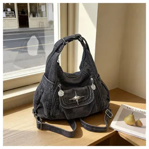 Y2K washed denim multi-use tote backpack vintage motorcycle style star charm bag