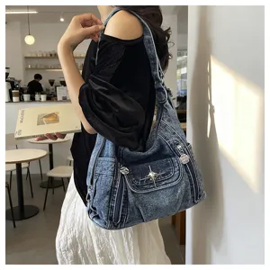 Y2K denim shoulder bag for women, trendy multi-pocket hobo purse with stylish star metal decor.