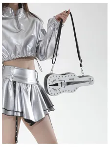 Y2K style guitar shaped crossbody bag with rivets, edgy punk fashion shoulder handbag.