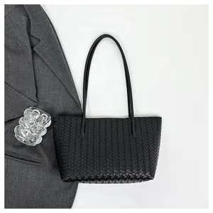 Black woven leather tote bag for women, stylish underarm shoulder handbag for daily commute.