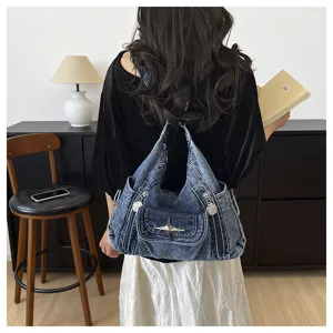 Y2K denim shoulder bag multi-use casual backpack retro motorcycle style commuter handbag