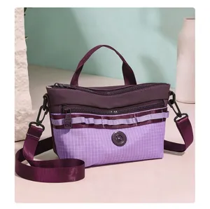 Purple grid crossbody bag lightweight nylon shoulder bag with multiple zippered pockets for daily use