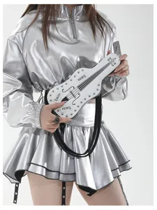 Y2K guitar shape crossbody bag stylish metallic silver outfit rivet shoulder bag for women
