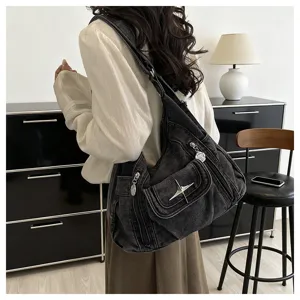 Y2K washed denim shoulder bag with metal star accent, chic casual daily crossbody tote.