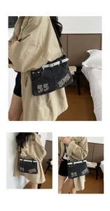 Borsa a tracolla in denim nero alla moda da donna, design creativo gonna-pantaloni con borchie.