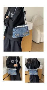 Borsa a tracolla creativa in denim gonna da donna, elegante borsa con cintura glitterata e toppe.