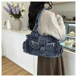Detailed view of women fashion multi-pocket washed denim shoulder crossbody bag stylish daily use