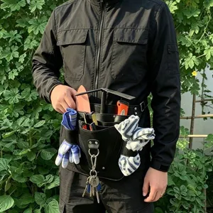 Riñonera portafherramientas de jardinería con múltiples bolsillos, bolsa utilitaria de PU negro.