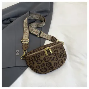 Stylish leopard print crossbody chest bag with wide woven strap for women daily wear.