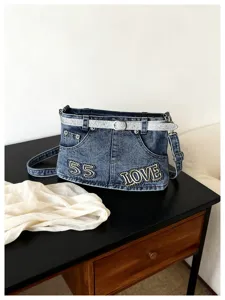 Borsa a tracolla in denim alla moda per donne, design unico con vita da jeans, borsa casual.