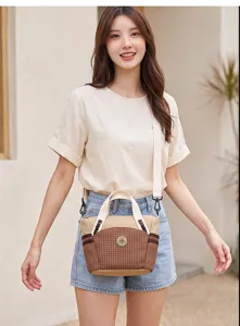 Close-up view of a fashionable brown plaid small shoulder bag worn by a female model outdoors.