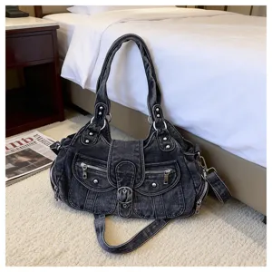 Women fashion washed denim shoulder bag with multiple pockets, cool crossbody handbag.