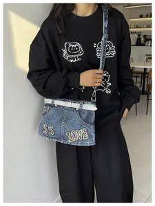 Borsa a tracolla in denim creativa con design gonna pantaloni e cintura strass da donna