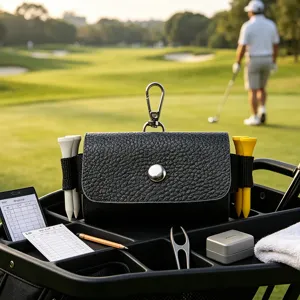 Black genuine leather golf tee storage bag mini portable coin purse with keychain and clip.