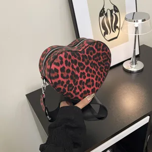Femmes Mode Imprimé Léopard Forme de Cœur Sac Bandoulière Cuir PU Petit Sac