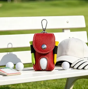 Red leather golf ball pouch portable waist bag with tees and golf accessories detail view.