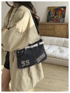 Borsa a tracolla in denim alla moda da donna, borsa a spalla unica a forma di gonna.