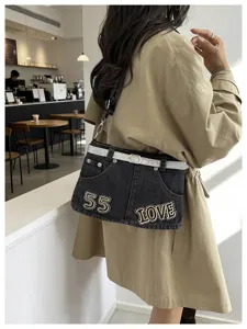 Borsa a tracolla in denim alla moda da donna, design a gonna unica con cintura sbrilluccicante.