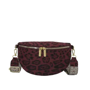 Women fashion leopard print velvet waist bag chest crossbody bag with gold hardware.