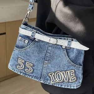 Borsa a Tracolla in Denim alla Moda da Donna Design Unico Pantaloni-Gonna Borsa a Spalla Casual Strass Lettera Chic