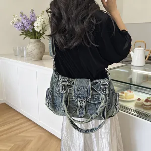 Trendy women's vintage washed denim shoulder bag with multi-pockets, chic Y2K crossbody tote.