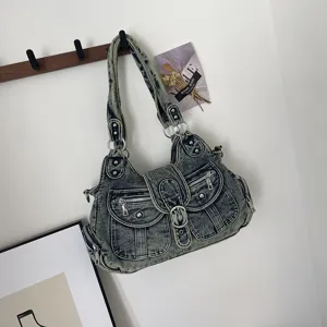 Retro wash denim shoulder bag for women, Y2K style multi-pocket crossbody handbag.