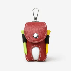 Red leather golf ball pouch with tee holders and metal clip, main view for outdoor sports.