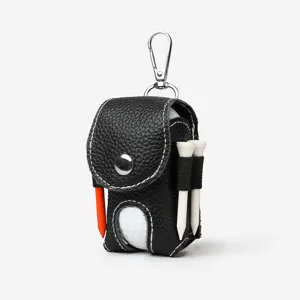 Genuine leather golf ball pouch with metal clip and tee holders, black portable storage bag.