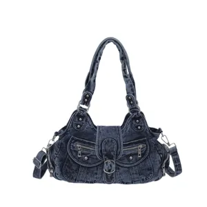 Women denim shoulder crossbody bag, vintage washed multi-pocket handbag with metal studs.