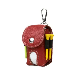 Red leather golf ball pouch with metal clip tee holders and golf ball included for sports.
