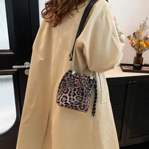 Leopard print bucket bag with drawstring closure and stylish strap for women daily wear
