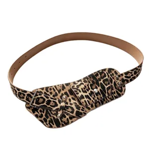 Femme Imprimé Léopards Large Ceinture de Taille Mode Ceinture avec Pochette Manteau