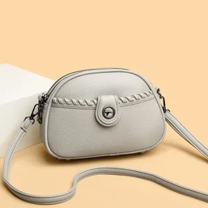 Grey leather crossbody bag women fashion simple shoulder bag casual round handbag daily use