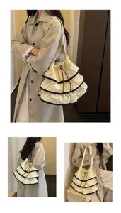 Sac seau élégant pour femme en toile plissée avec volants, grande capacité et cordon.