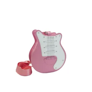 Pink guitar shape crossbody bag, creative PU leather shoulder bag with unique design.