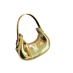 Borsa a tracolla a mezzaluna dorata metallica lucida elegante mini borsa per donna