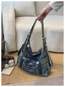 Y2K distressed denim shoulder bag multi-pocket motorcycle style daily commuting tote