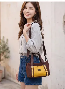 Borsa a tracolla in tela da donna, elegante design marrone e giallo con grande capacità.