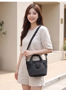 Stylish nylon crossbody shoulder bag for women, lightweight commuter handbag with grid.