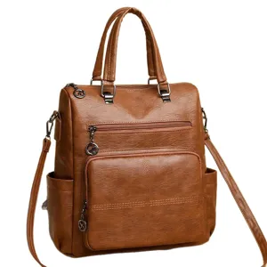 Elegante zaino da donna in pelle PU marrone, grande capacita con molteplici cerniere.